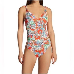 Ralph Lauren Surplice Tummy Control Orange Paisley One Piece Swimsuit Size 10